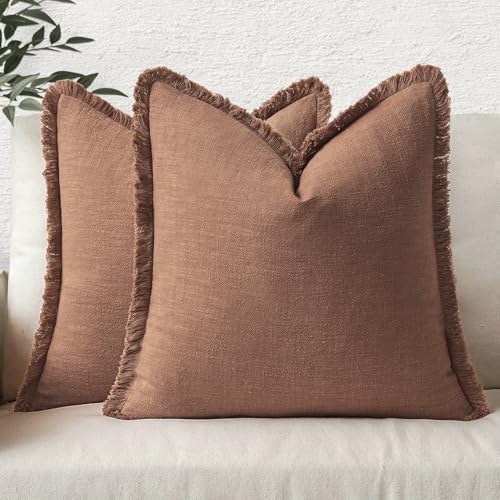 MIULEE Decorative Throw Pillow Covers Neutral Linen Fringe Throw Pillows