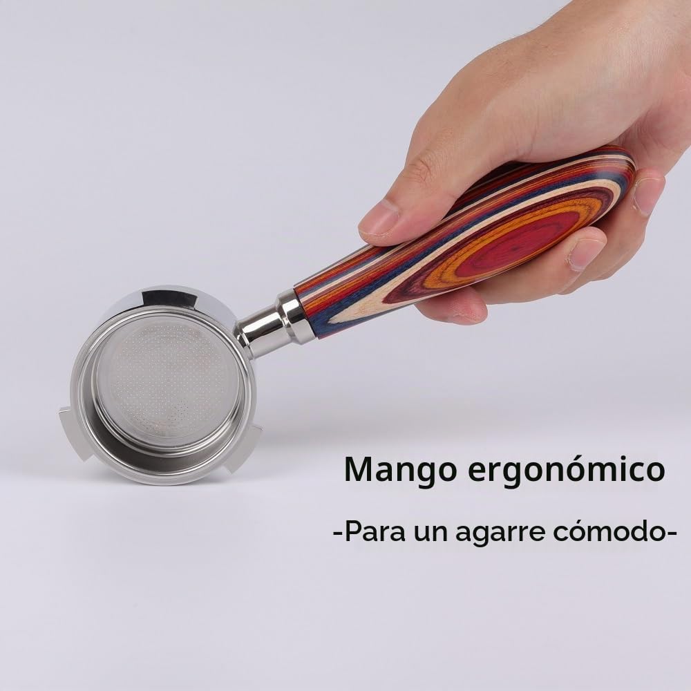 CAPFEI Portafiltro sin fondo, 51 mm, solo compatible con DeLonghi Dedica EC680/EC685/EC885 con 3 orejas, cesta de filtro de 0,3 mm poros, color mango de madera