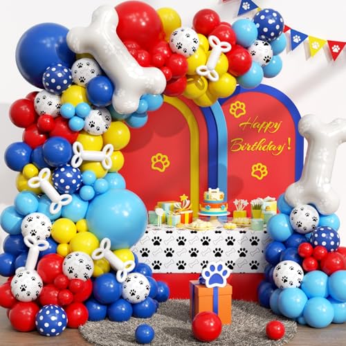 Image of PTGUOLUO Paw Balloons Garland Arch Kit 201Pcs with Dog Bone Foil Balloons and Paw Print Balloon, Royal Blue Yellow Red Balloons Arch Kit for Paw Birthday Baby Shower Party Decorations