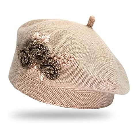 Women Beret Hats Fashion French Style Artist Cap Handmade 3D Flowers Knit Elegant Beanie Hat for Ladies Winter Thick Lined, Khaki, One Size Cover