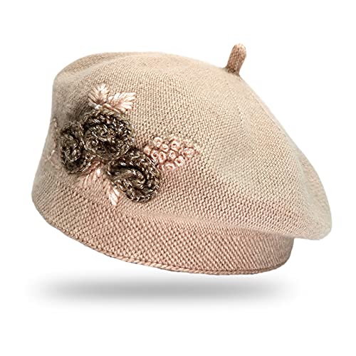 Women Beret Hats Fashion French Style Artist Cap Handmade 3D Flowers Knit Elegant Beanie Hat For Ladies Winter Thick Lined (Khaki) #TOP15