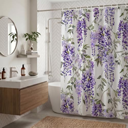 Rideau de douche violet 130x170cm lavable à motif fleur en polyester ZO-941 - 2