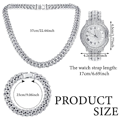4 Pcs Diamond Watch Cuban Link Chain Men Watch Set Halloween Costumes Bling Rhinestone Necklace Bracelet Jewelry2