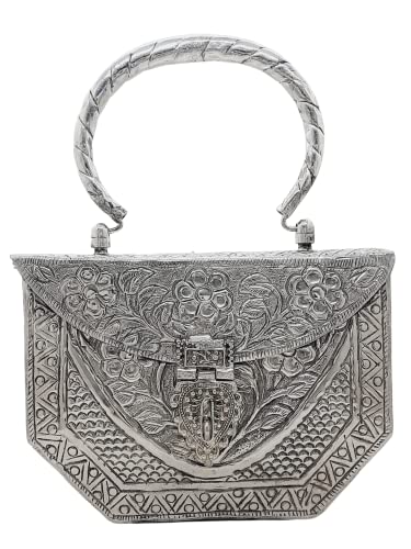 Image of Trend Overseas Women's Silver Brass Metal Handle Clutch Handmade Antique Ethnic Hand Clutch