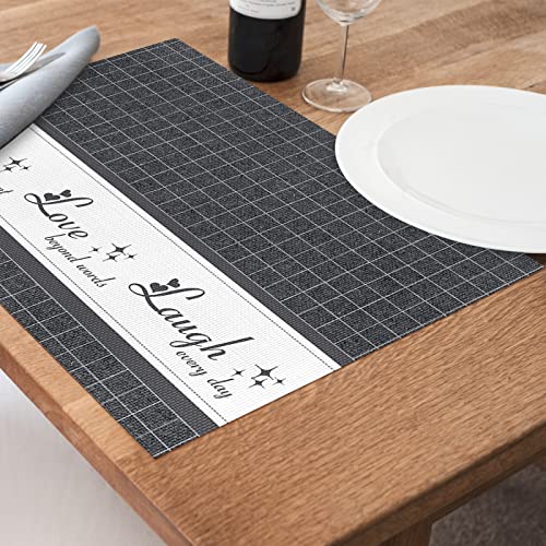 White Live Love Laugh Words Placemats Set Of 6 For Dining Table, Pvc Washable Table Mats, Farmhouse Grey Plaid Place Mats Indoor Outdoor, Non Slip Woven Placemats For Kitchen Restaurant Party Décor #TOP1