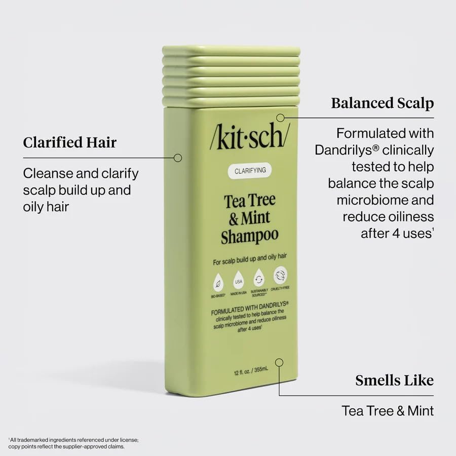 Image of Kitsch Clarifying Tea Tree & Mint Liquid Shampoo for Women & Men - Clarifying Shampoo with Peppermint & Tea Tree Oil for Oily Hair & Scalp Buildup - Clean Color-Safe Hair Care, Made in USA - 12.3 oz