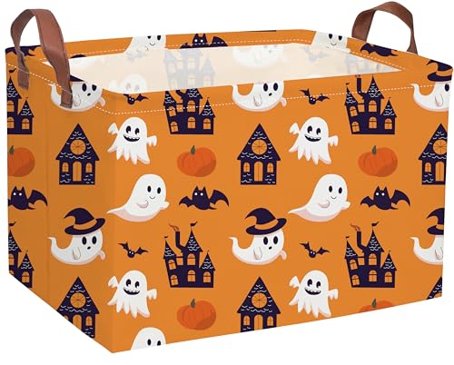 Image of Essme Rectangular Halloween Basket,Kids Baskets Empty with Handles,Cute Baskets for Kids Halloweens Room Decor,Boys and Girls, Candy Basket(Yellow Castle Ghost)