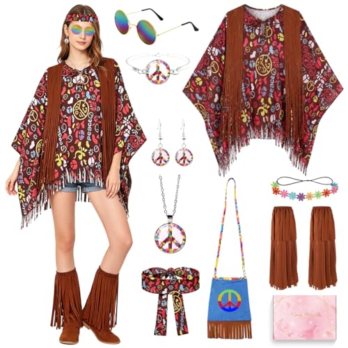 YYDSXK Disfraz Hippie Mujer, Disfraz Años 70 y Accesorios, Bolso de Hombro, Gafas de Sol, Poncho Hippie Carnaval, Disfraz Carnaval Años 70 Mujer para Cosplay, Halloween y Fiestas Retro (Carmesí)