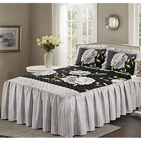SELECT-ED® New Luxuries Design Quilted Bedspread 23" Deep Frill Floral Bedding Set Bed Throw Bedspread NZ (Rosaleen Black/White, Double) Cover