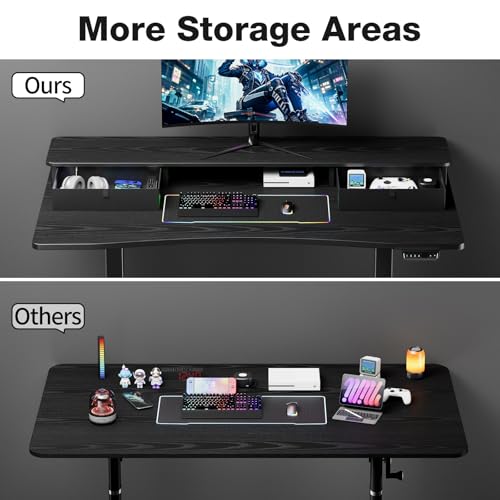 Image of Veken 47.2 inchx27.6 inch Standing Desk with Storage Drawers, Adjustable Height Computer Table with Monitor Shelf, Home Office Desk for Study, Gaming, Workstation, Black
