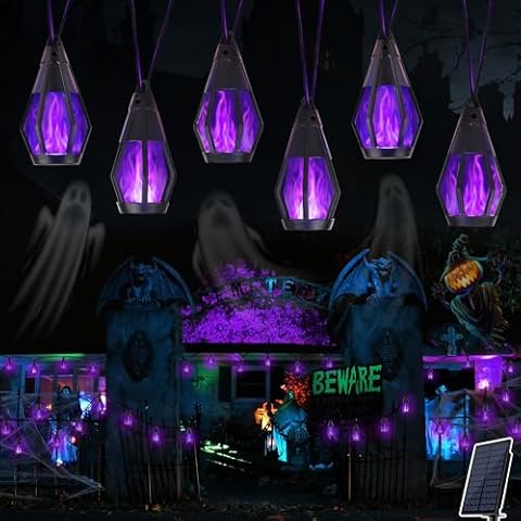 Solar Halloween Lights Outdoor, 13Ft Outdoor String Lights with 10 Flickering Flame Bulb, Waterproof Solar Powered Purple Halloween Lights LED Flame Lights for Halloween Decorations Yard Patio Garden Cover