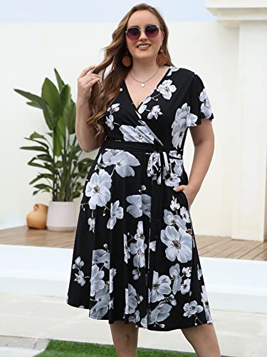 kissmay Plus Size Womens V Neck Floral Cocktail Party Midi Dresses with Pocket2