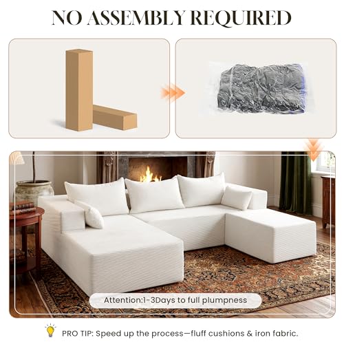 Image of 106 inch Cloud Sectional Boneless Couches for Living Room, Modular U Shaped Couch with Deep Seat, Removable Ottoman, Memory Foam Compressed Spineless 4 Seater Sofa for Bedroom Apartment, Beige