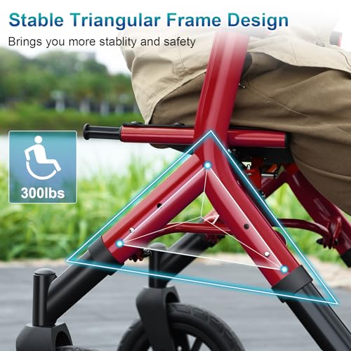 Image of MAXWALK Rollator Walker with Seat, Tall Walkers for Seniors, 12 inch Big Rubber Wheels All Terrain Rollator Walker with Backrest, Built-in Cable, Foldable and Dual Adjustable Height for 5.3-7ft, Red
