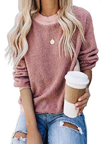 PRETTYGARDEN Women's Casual Long Sleeve Round Neck Solid Color Sherpa Pullover Sweatshirt Fuzzy Fleece Coat Tops Pink