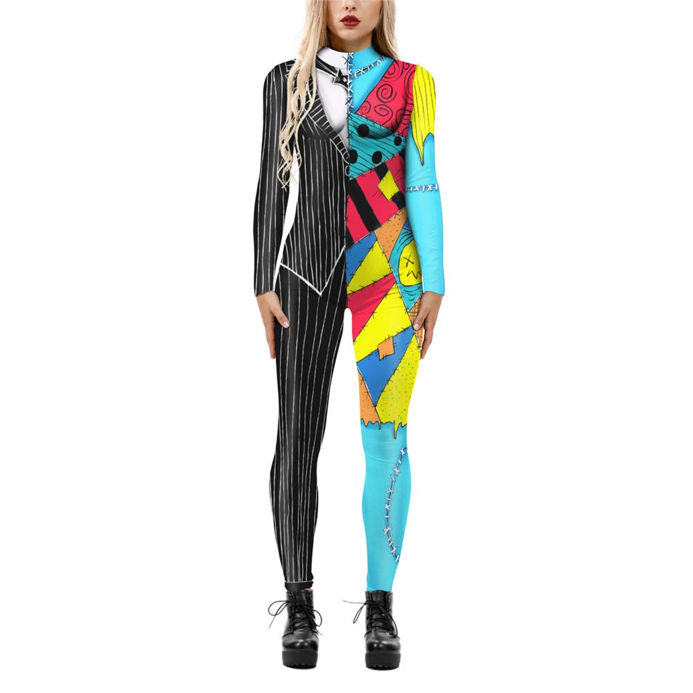 Surwin Women's Stitching Suit Halloween Creative Funny Catsuit Outfits 3D Printed Long Sleeve Skinny Stretch Fancy Dress Up Cosplay Adults Jumpsuit Bodysuit (,S)