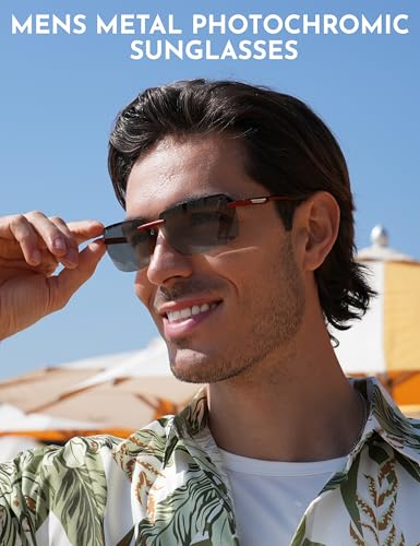 Image of BIRCEN Mens Metal Photochromic Sunglasses: UV Protection Al-Mg Sun Glasses Ultra-light Rimless Shades for Driving Cycling