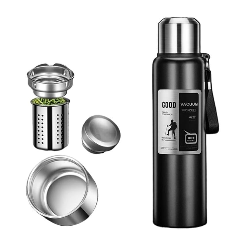 Thermos Mug Long-lasting 72 Hours Large Capacity 316 Stainless Steel Men's Outdoor Travel Mountaineering Portable.(Black 1500ML)