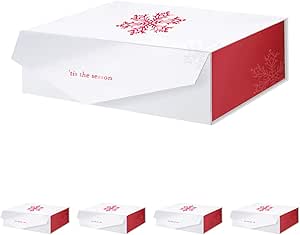 PACKHOME 5 Christmas Gift Boxes 13.5x9x4.1 Inches, Large Gift Boxes with Lids, Sturdy Storage Boxes, Collapsible Gift Boxes with Magnetic Closure (Red Snowflake Pattern)