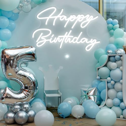 Tujoe 30" x 21" Happy Birthday Neon Sign Large Happy Birthday LED Neon Light Signs with Dimmable Switch 12V Power Adapter for Party Wall Decoration Bar Rave Home Decor Backdrop(Cold White,30" x 21") — view 6