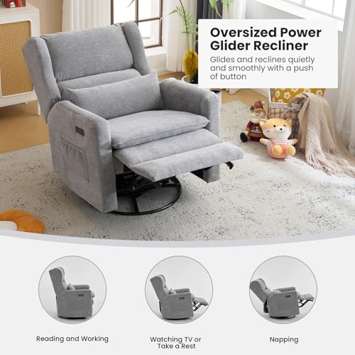 Image of Oversized Swivel Rocker Recliner with Lumbar Cushion, Power Recliner Nursery Chair with Adjustable Headrest, Nursery Glider for Living Room, Grey