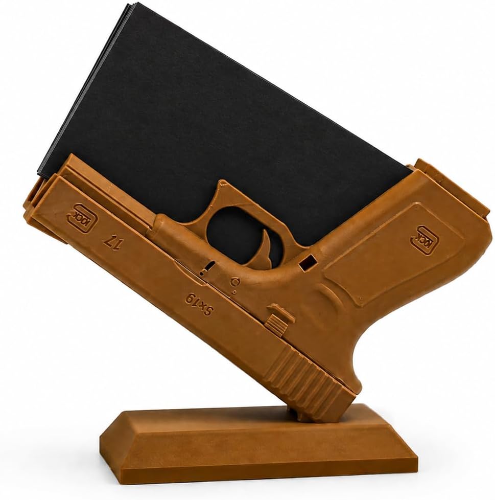 Pistol Business Card Holder –- Desk Organizer Display Stand, Unique Office Decor Gift, Made in USA, FDE