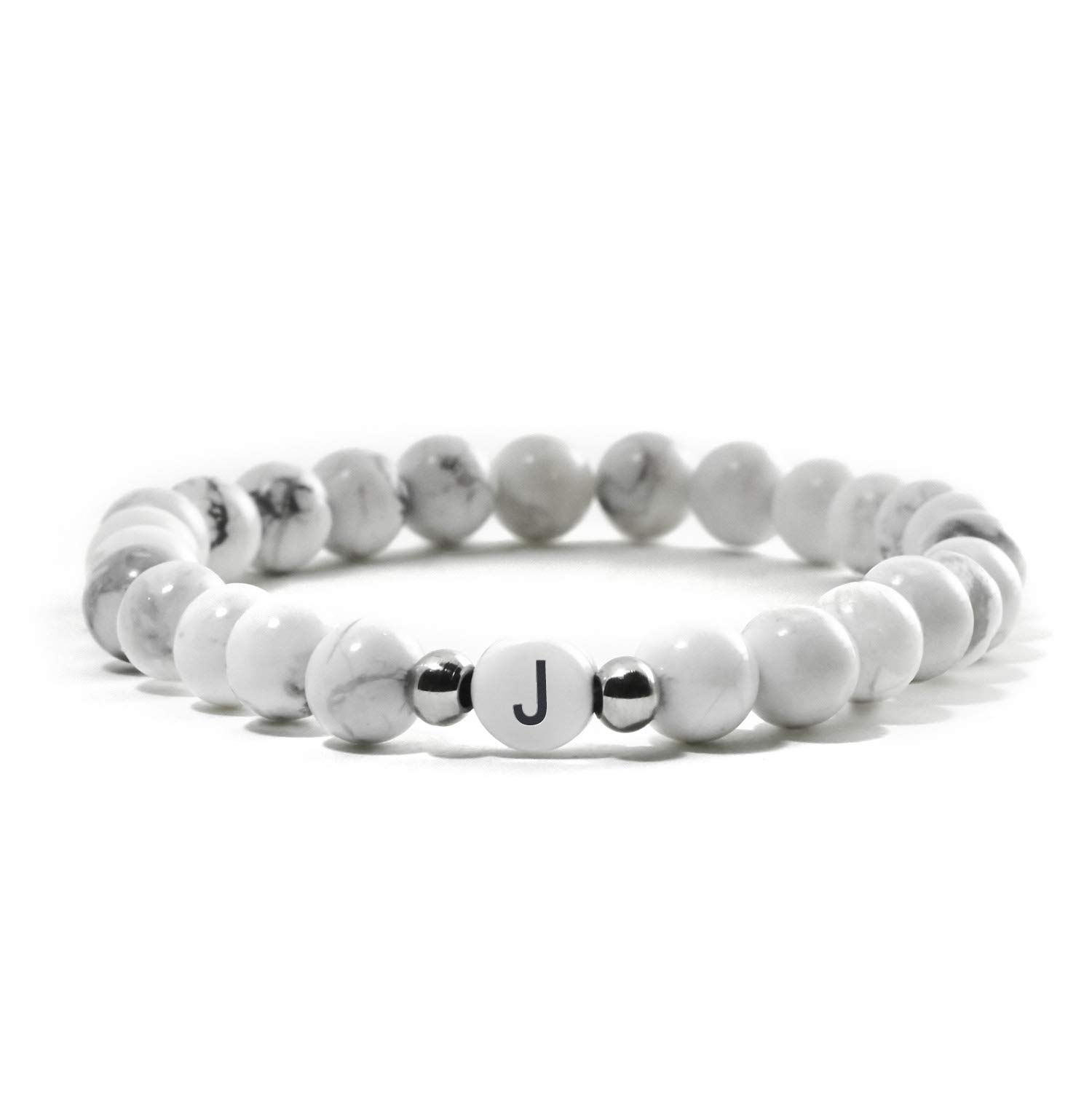 BERGERLIN Buchstaben Armband in Weiss - Naturstein geprüft in Deutschland, Partnerarmband mit echten Naturstein Perlen mit Echtheitszertifikat für Damen und Herren