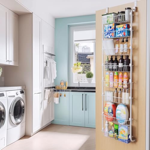Image of Delamu Over The Door Pantry Organizer, 8-Tier Metal Pantry Door Organization and Storage for Easy Install, Hanging Spice Rack Seasoning Shelves, Door Organizer for Kitchen, 4.65 inchD x 18 inchW x 65 inchH, White
