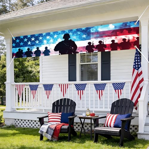 Image of BlissYard Patriotic Banner 118 x 20 inch Veterans Day American Independence Day Decorations Patriotic Banner for Outside American Flag Banner Memorial Day Veterans Day Outdoor Decorations for Yard Fence Porch