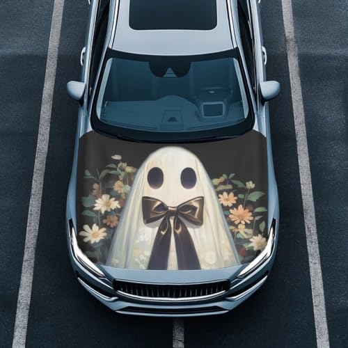 Image of Floral Ghost Car Hood Cover, Wild Flower Removable Automotive Exterior Accessories Halloween Ghost Washable Elastic Car Bonnet All-Season Protection for SUV Sedan