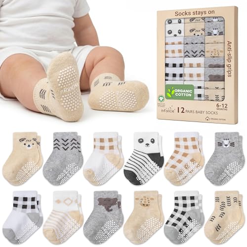 Image of infancie Organic Cotton GOTS Certified Baby Socks 12 Pairs, 6-12 Months – Soft and Comfortable Newborn Socks Boys, Premium Cotton Socks For Boys, Gift for Little Ones, Brown