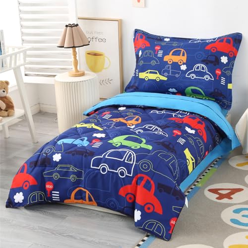 Image of Toddler Bedding Set Car, 4 Piece Toddler Bedding Set for Boys, Includes Car Toddler Bed Comforter, Flat Sheet, Fitted Sheet and Pillowcase, Blue