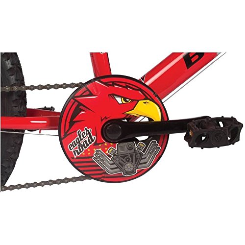 Close-up of the bicycle's chainwheel with a protective guard featuring an eagle design.