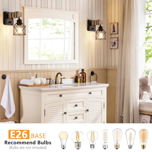 Image of FadimiKoo Dimmable Wall Sconces Set of Two, Bedside Wall Mounted Lamp with Rotary Switch, Wooden Black Bathroom Light Fixtures with Metal Cage, Hardwired Farmhouse Wall Lights for Bedroom, Living Room