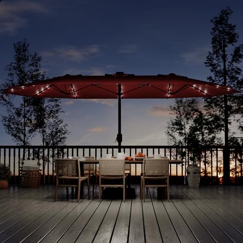 15FT Rectangular Patio Umbrella with Solar Lights & Base Included - Large Patio Umbrella with Crank Handle, UV Protection for Outdoor Market, Backyard, Pool - Burgundy