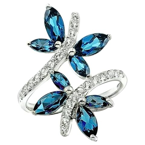 RB Gems Sterling Silver 925 Statement Ring GENUINE GEMSTONE DRAGONFLY Design with Rhodium-Plated Finish (Blue, 8) Cover
