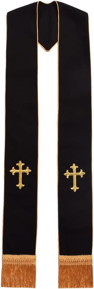 Clergy Mass Black Stole Cross Embroidery