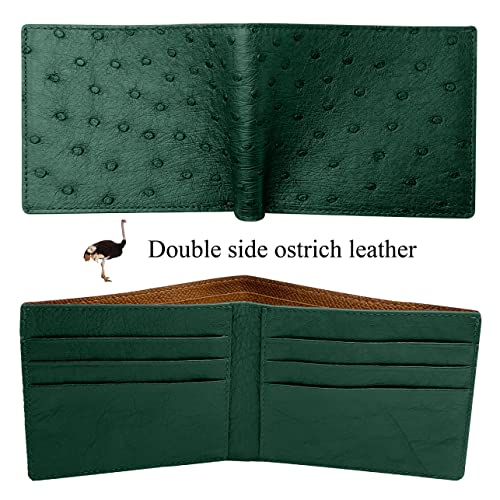 Green Ostrich Leather Slim Bifold Wallet Double Side Exotic Wallet Multiple Pocket Holder Passcase RFID Blocking Security Handmade Gift For Men VINAMOS-083