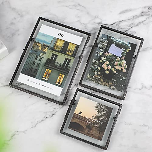 Set Of 3 Glass Pressed Flowers Frame, Vintage Black Floating Picture Frames Collection 4" X 4", 4" X 6", 5" X 7", Metal Tabletop Standing Glass Floating Picture Frame Home Decor Artwork Photo Display #TOP1