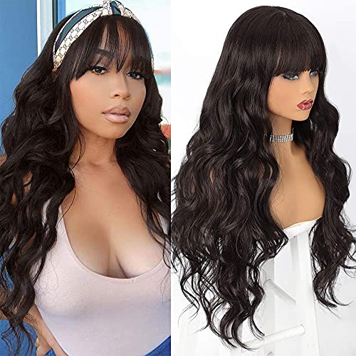 Nnzes Natural Black Wig with Bangs 28 Inch Long Wavy Wigs for Women Synthetic Wavy Wigs for Daily Party Wear Heat Resistant