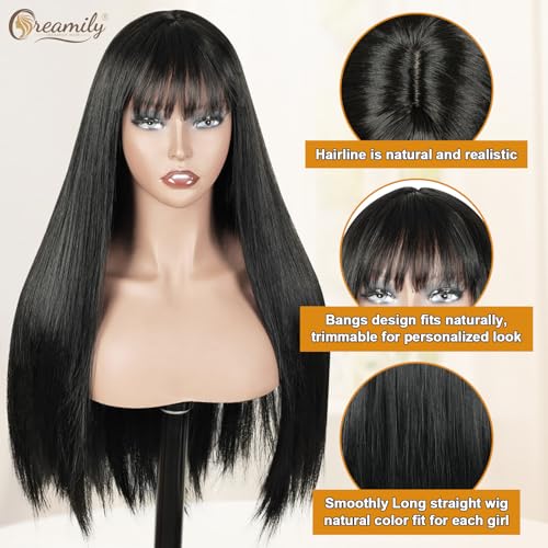 Image of Creamily Black Wig for Women, 22 Inch Long Straight Wig with Bangs, Full Head Synthetic Korean Style Cosplay Wigs