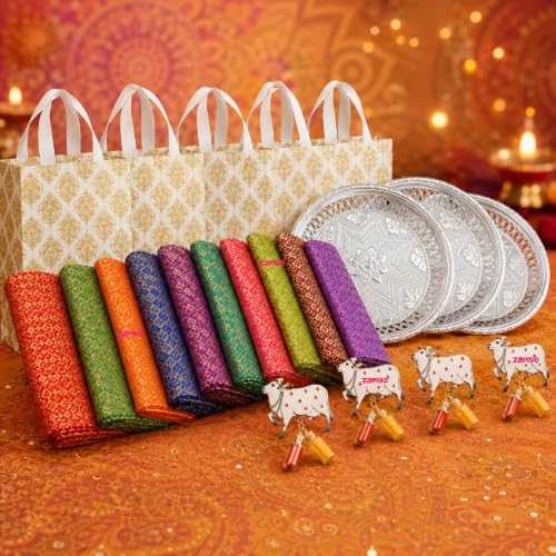 Image of Habba Blouse Piece with Cow Kumkum Set, Decorative Silver Plate & Laminated Carry Bag, Silk Blend Blouse Material Combo for Traditional Haldi Kumkum, Pooja Return Gifts, Navratri, Diwali - Pack of 5