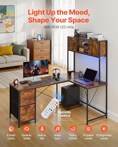 Image of VEVOR L-Shaped Gaming Desk with LED Lights, 62.2-inch Reversible Corner Computer Desk with Power Outlets, Movable CPU Stand & Storage Drawers, Modern Stylish PC Gaming Table for Home Office