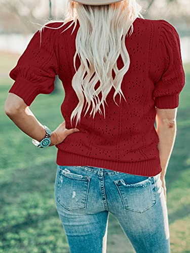 Image of Foshow Womens Puff Short Sleeve Sweater Tops Summer Lightweight Loose Knit Pullover Shirts Blouses