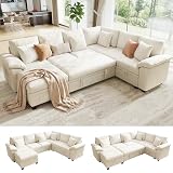 107.8" Modular Sectional Sleeper Sofa with Pull Out Bed, U Shaped 7 Seat Couch with 221L Storage, Convertible Cloud Couch Bed with Ottoman, Sectional Couches for Living Room, Apartment (Beige)
