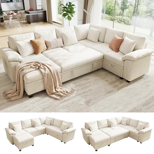 107.8" Modular Sectional Sleeper Sofa with Pull Out Bed, U Shaped 7 Seat Couch with 221L Storage, Convertible Cloud Couch Bed with Ottoman, Sectional Couches for Living Room, Apartment (Beige)