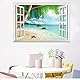 Lichi 3D Fake Window Wall Sticker of Tropical Beach View Sunshine Scenery Mural Decal for Home Decoration