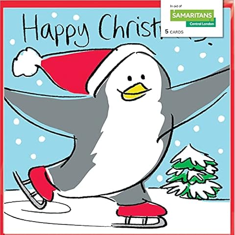 Pack of 5 Skating Penguin Charity Christmas Cards - Xmas Cards In Aid of the Samaritans Cover