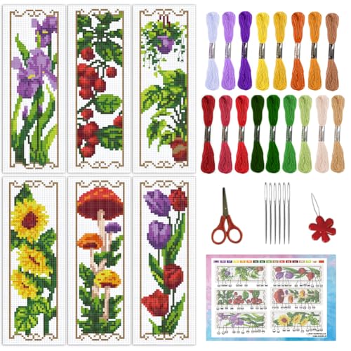 Image of INFUNLY 6PCS Flower Plants Cross Stitch Bookmark Kit for Adults Tulip Sunflower Cross Stitch Kits DIY Crossstitch Kit Green Leaf Stamped Embroidery Bookmark Kits with Instructions for Book Lovers