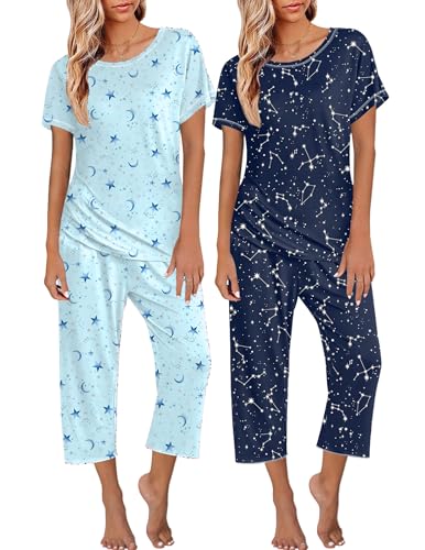 Image of Ekouaer 2 Pack Womens Pajamas Sets Short Sleeve Tops and Capri Pants Pjs Colorful Printed Sleepwear Sets